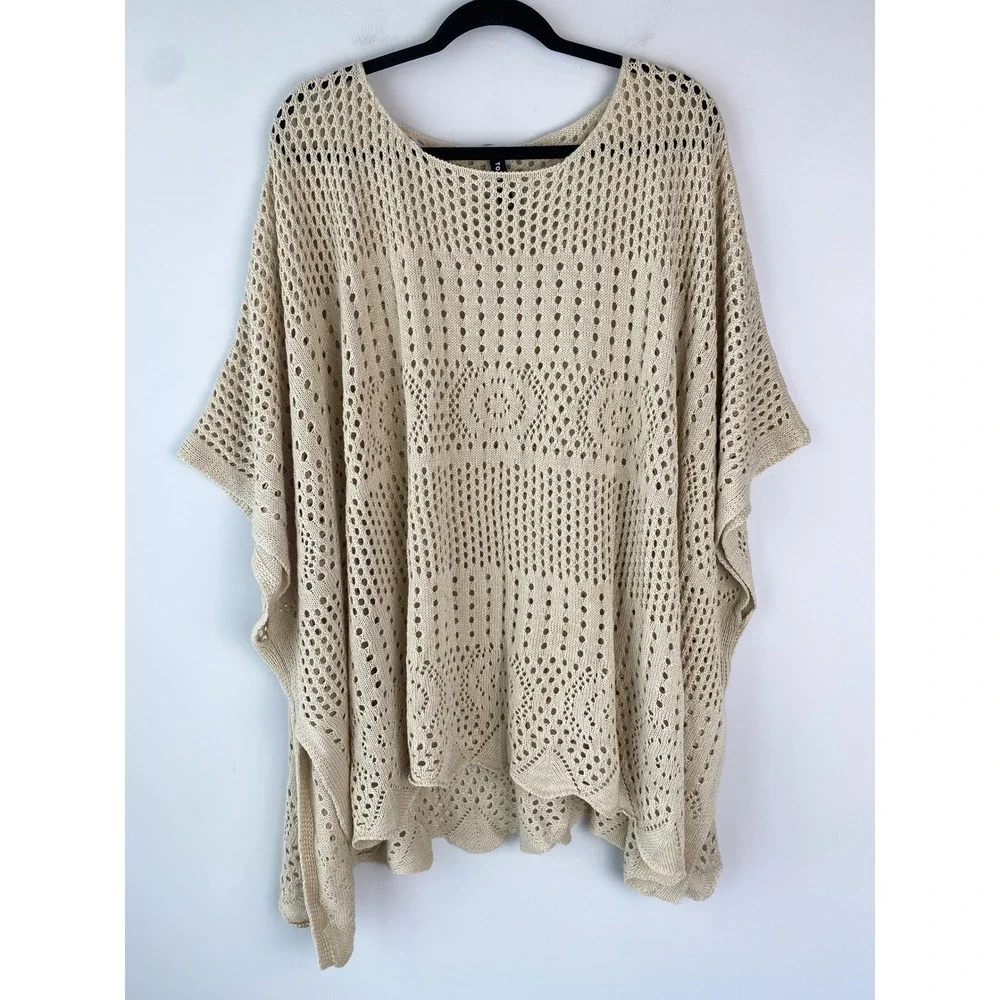 Torrid Crochet Knit Kimono Sweater OS Beige Open Knit Breathable Poncho Beach